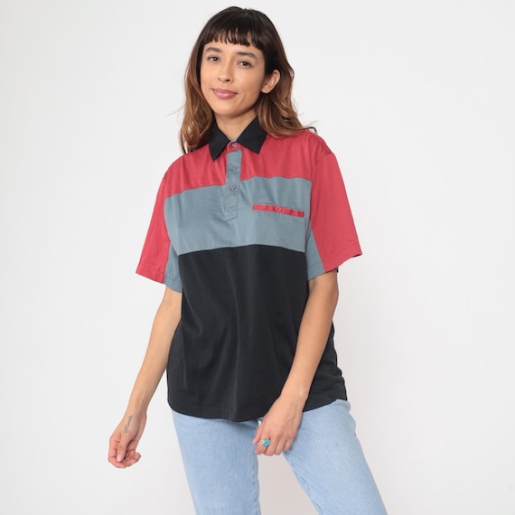 Color Block Polo 90s Red Gray Black Shirt Vintage Cotton Polyester Short Sleeve Collar Button Up Geometric Colorful Retro Preppy Medium M