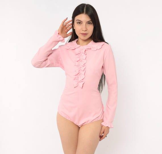 70s Pink Ruffle Bodysuit Blouse Peter Pan Collar Long Sleeve Top Pearl Rose Babydoll Feminine Bow Shirt Balletcore Disco Party Large L