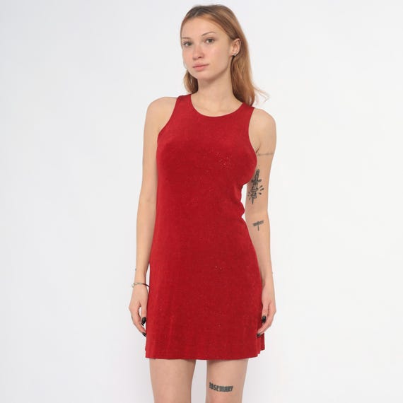 Red Sparkle Mini Dress 90s Sleeveless Keyhole Back Party Club Glitter Shimmer Fit Flare A Line Going Out Cocktail Holiday Vintage Small S