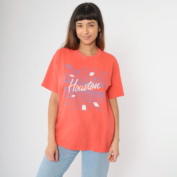 80s Houston T-Shirt Graphic Spellout Texas Tshirt Retro T Shirt Tee Vintage Orange Travel Tourist Velva Sheen Destination Medium Large