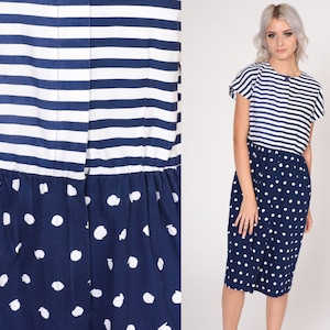 80s Day Dress Polka Dot Striped Midi Dress Blue White Busy Print High Waisted Short Sleeve Knee Length Casual Vintage 1980s Small Petite image 1