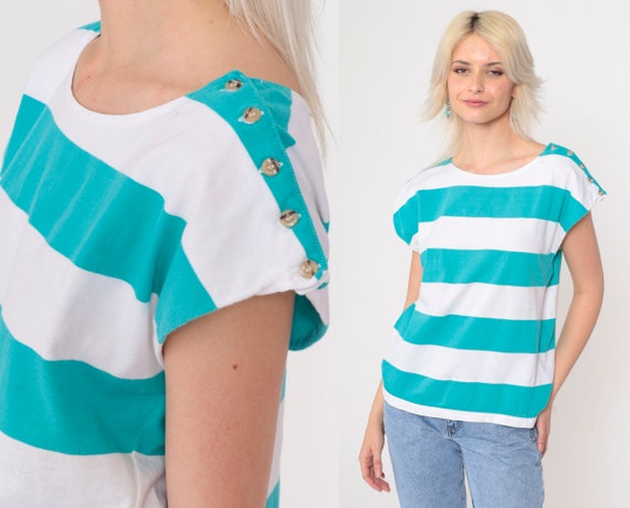 80s 90s Striped Shirt Cap Sleeve T-Shirt Turquoise Blue White Retro Top Basic Casual Blouse Button Shoulder Tshirt Vintage 1990s Small S