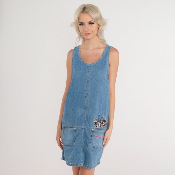 Denim Jumper Dress 90s Looney Tunes Blue Jean Overall Mini Dress That's All Folks Embroidered Cartoon Bugs Bunny Vintage 1990s Medium M