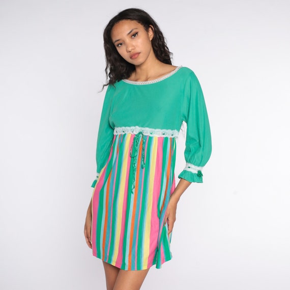 70s Mini Dress Rainbow Striped Lounge Dress Empir… - image 4