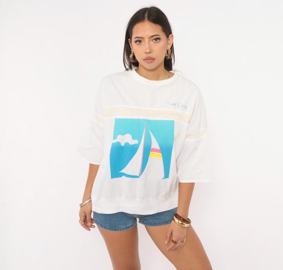 80s Key West Sailboat Graphic Tee White Cotton Three Quarter Sleeve Nautical Beach Top Blue Pink Yellow Pullover Summer Shirt Vintage Large