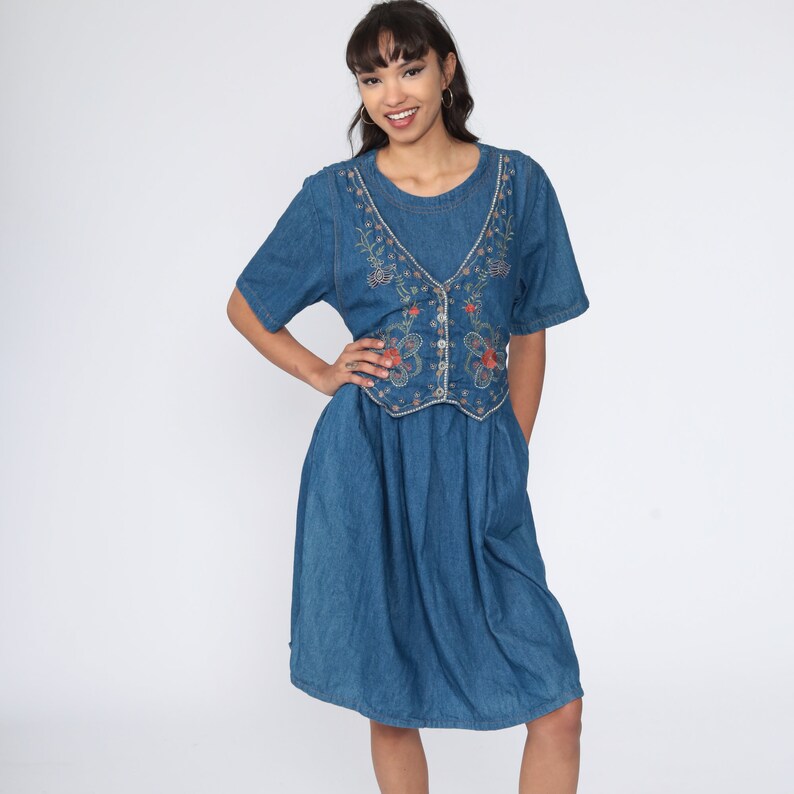 Robe en denim floral BRODÉ 90s Midi Jean Grunge Robe vintage Etsy