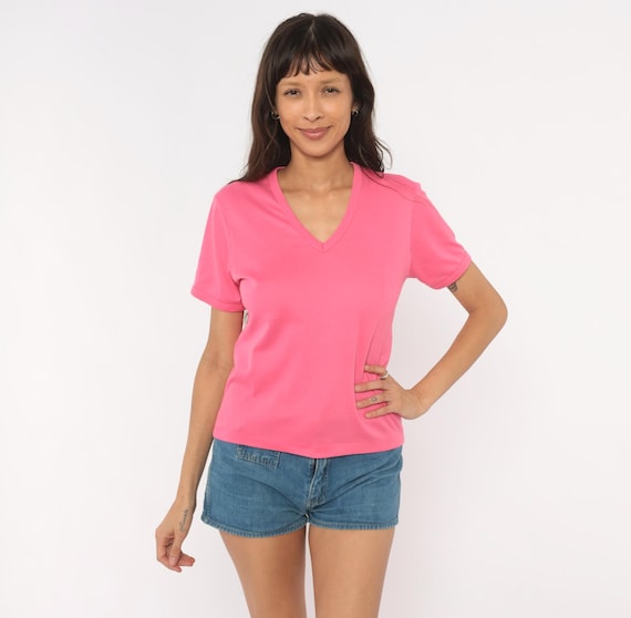 80s Hot Pink V Neck Tee Short Sleeve Cotton Blend Fuchsia Pullover Top Bubblegum Rose Color Casual Summer Shirt Vintage Basic Blouse Large L