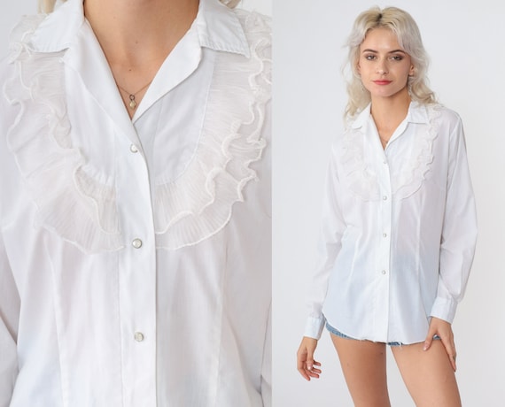 White Ruffle Blouse 70s Tuxedo Shirt Snap Button … - image 1