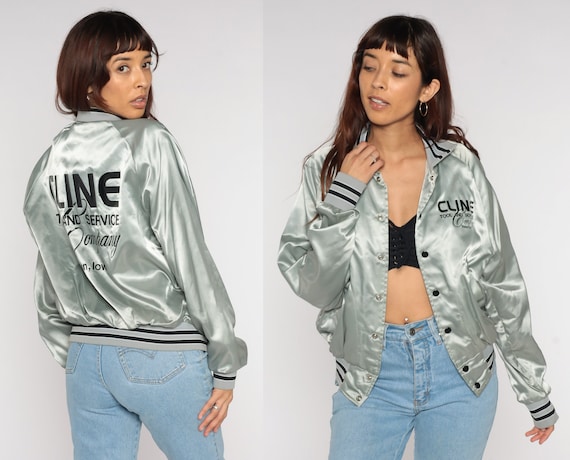 Satin Bomber Jacket 80s Cline Tool and Service Newton Iowa Baseball Jacket Silver Jacket Worker Uniform Retro 1980s Vintage Snap Up Small S