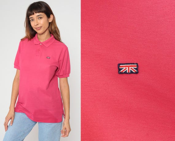 Brittania Polo Shirt 80s Hot Pink Collared Shirt  Graphic Half Button Up T-Shirt Retro Preppy Short Sleeve Tan Vintage 1980s Small S