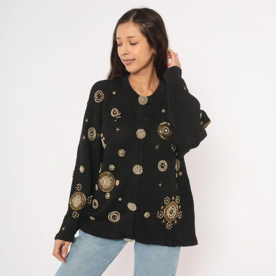 Gold Beaded Black Cardigan 80s Embellished Knit Sweater Jeweled Medallion Embroidery Glamour Evening Holiday Vintage Jacket Extra Large XL