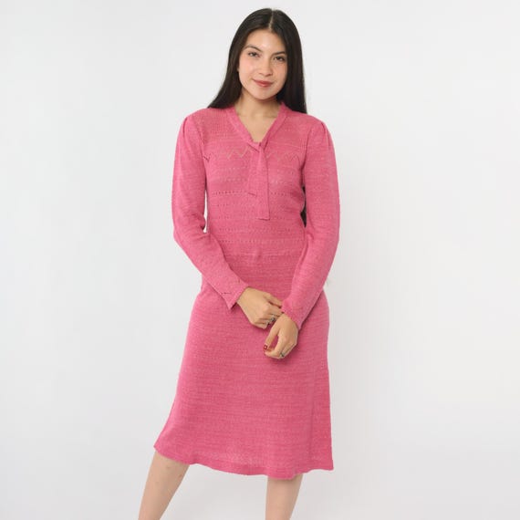 Vintage Pink Pointelle Knit Dress 80s Midi Sweater Dress Tie Neck Ascot Boho Cut Out Long Puff Sleeve 1980s Bohemian Cut Out Medium