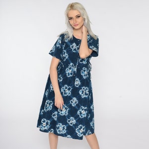 Tie Dye Dress 90s Grunge Dress Blue Floral Hippie Midi Babydoll Dress Hippy 1990s Bohemian Dress Button up Vintage Boho Empire Waist Medium