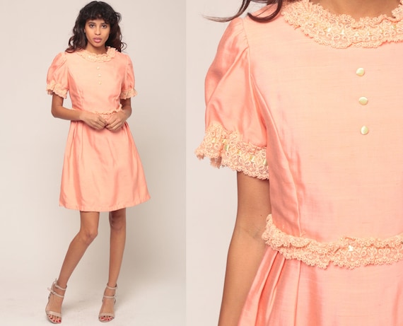 60s Mini Dress 60s Party BOW Dress Prom Costume Pink Dress High Waist Cocktail Vintage 1960s Minidress Formal Lace Trim Small 4