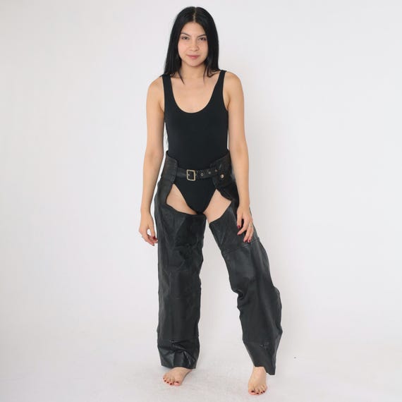 Black Leather Chaps 90s Assless Chaps Motorcycle Pants Biker Chaps Club Festival Rave Zip Snap Up Buckle Strap Sexy Vintage 1990s Small S