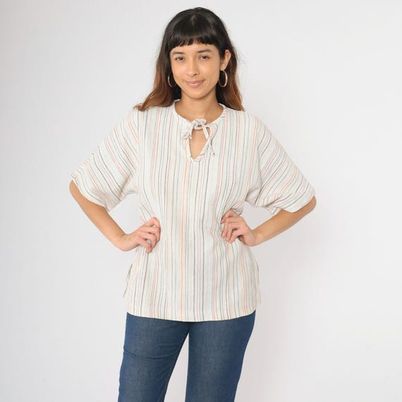 70s Striped Tunic Top Vintage White Keyhole Neck Blouse Boho Tie Neck 1970s Hippie Short Sleeve Shirt Top Bohemian Small S