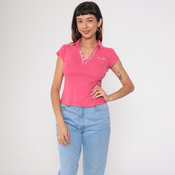 Vintage Pink Polo Shirt 90s Snap Button Up Collared T-Shirt White Piping Stripes Short Sleeve Top Preppy Retro Casual 1990s Small S