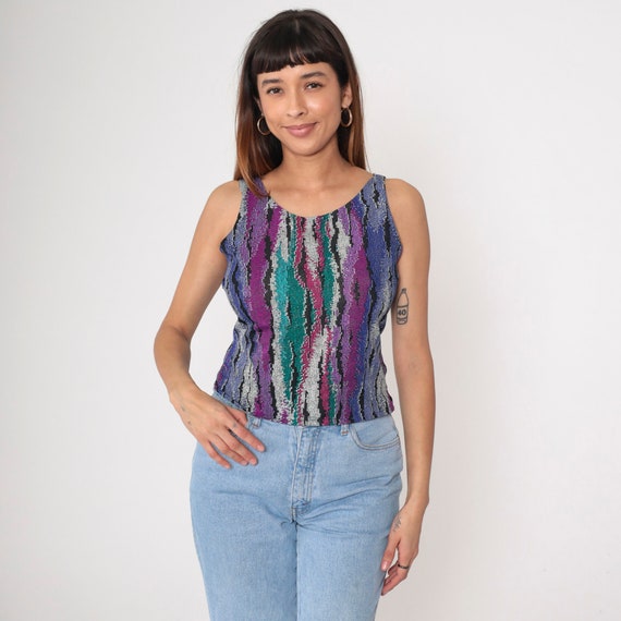 Vintage 90s Abstract Print Tank Top Purple Turquoise Green Black Sleeveless Blouse Striped Print Summer Shirt Scoop Neck Small