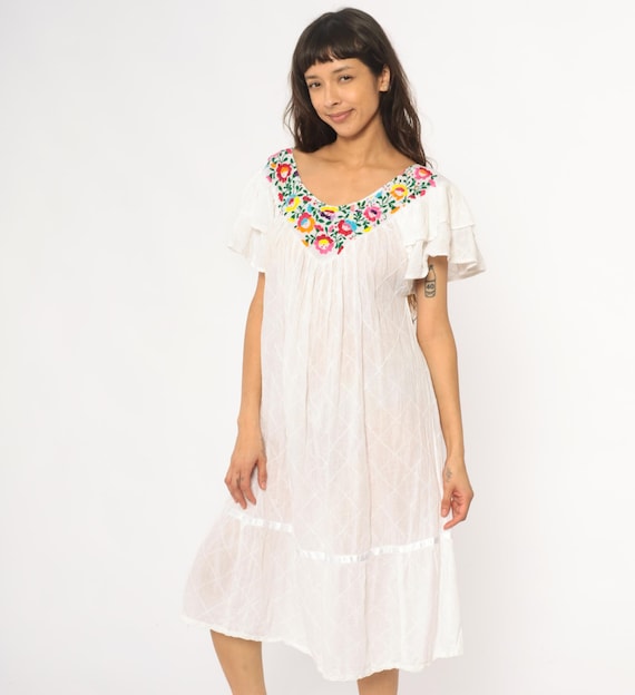 80s Mexican Embroidered Dress White Cotton Midi Colorful Floral Peasant Flutter Ruffle Sleeve Cottagecore Folk Boho Vintage Small Medium S M