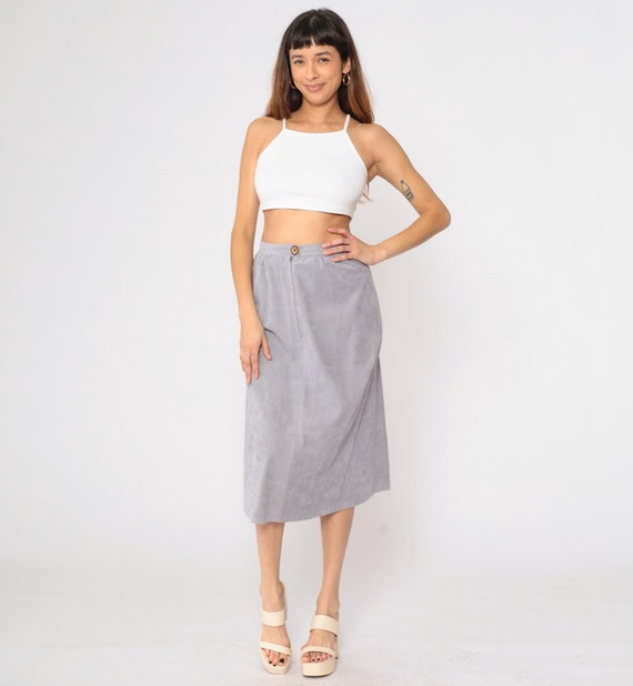 80s Pencil Skirt Grey Faux Suede Skirt 1980s Vintage Ultrasuede Skirt Boho High Waist Straight Pencil Midi Skirt Small