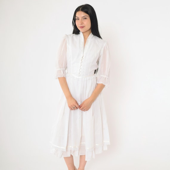 70s Gunne Sax Dress Vintage White Prairie Dress Midi Lace Trim Sheer Puff Sleeve High Waisted Pearl Button up 1970s Small 9