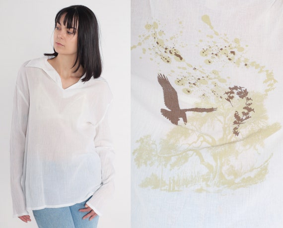 Hippie Blouse Y2K Bird Tree Print Shirt Semi-Sheer White Long Sleeve Collared V Neck Top Abstract Bohemian Summer Cotton Vintage 00s Large L