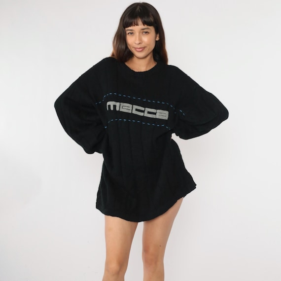 Y2K Mecca Sweater Black Pullover Crewneck Sweater Ribbed Terry Cloth Logo Shirt Acrylic Wool Streetwear Spellout Vintage 00s XXL
