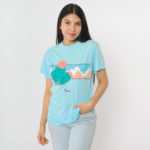 90s Texas Cactus T-shirt Blue Graphic Desert Tee Shirt Single Stitch T Shirt Retro Southwest Travel 1990s Vintage Southwestern Small xs