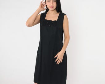 Vestido mini vintage de lentejuelas negras de los años 90 con escote de encaje y cuentas, vestido de fiesta, cóctel, sin mangas, talla grande, talla pequeña.