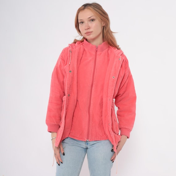 Pink Corduroy Jacket Puffer 80s Hooded Zip Front Padded Coat Ribbed Cuffs Pockets Vintage Outerwear Gorpcore Salmon Coral Winter Small S
