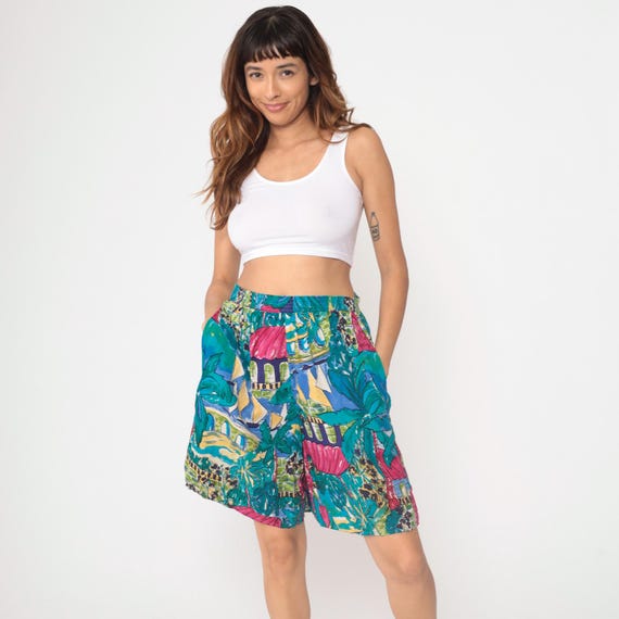 90s Tropical Shorts Sailboat Palm Tree Print High Waisted Elastic Waist Rayon Laurel Sport Vintage 1990s Summer Resort Small S