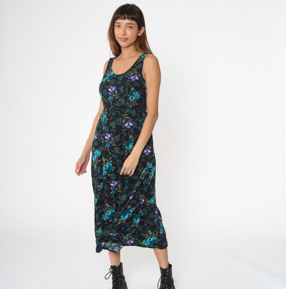 90s Floral Dress Black Purple Teal Flower Print Vintage 1990s Sleeveless Grunge Knee Length Dress Summer Rayon Medium