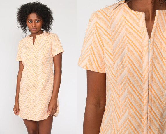 Orange Mod Dress 70s Mini Zig Zag Striped Front Z… - image 1