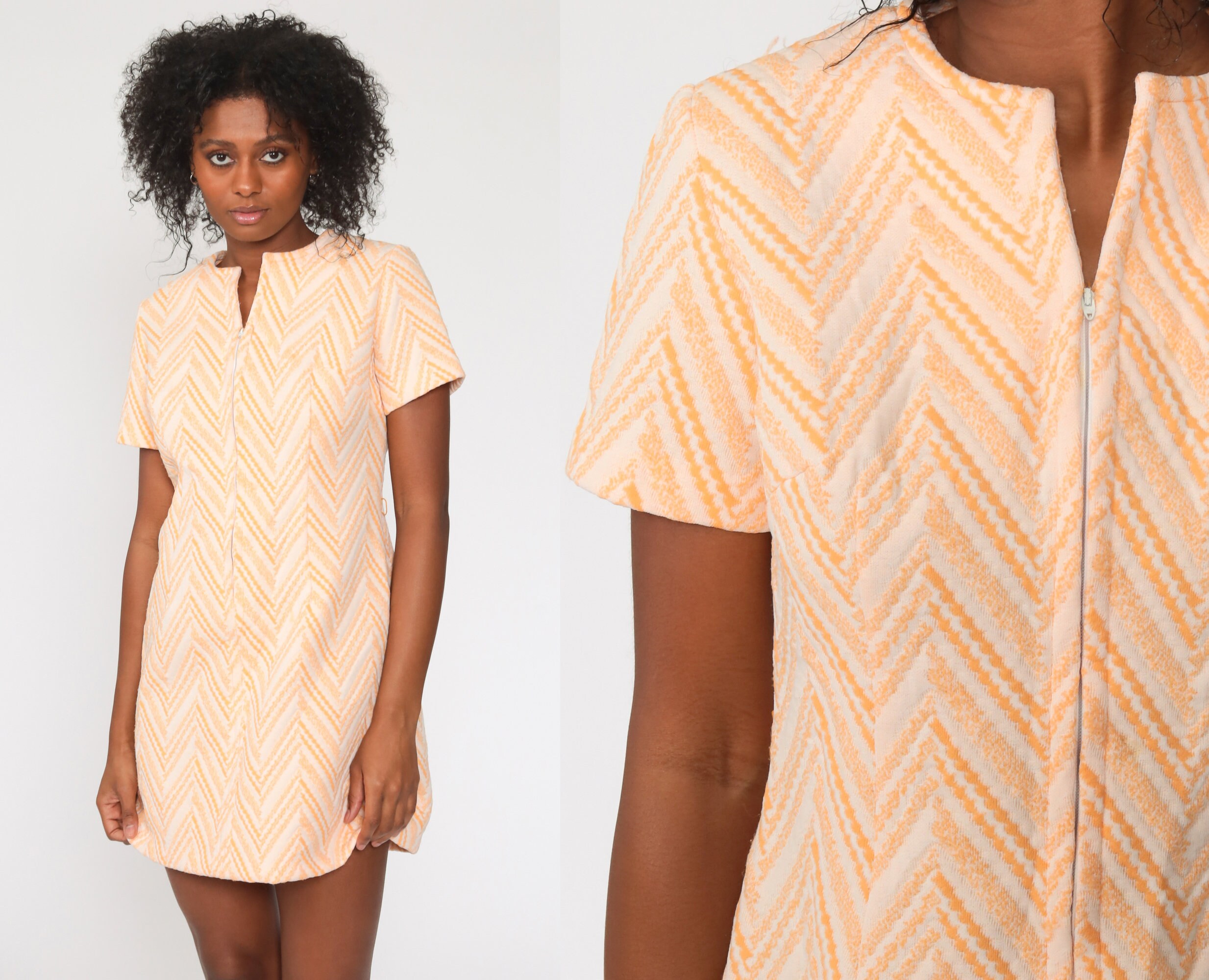 Orange Mod Dress 70s Mini Zig Zag Striped Front Zip 60s Orange Mod Dress 70s Mini Zig Zag Striped Front Zip 60s