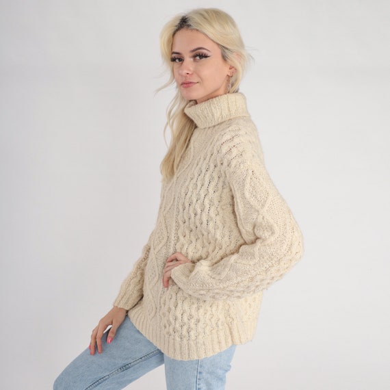 Cream Turtleneck Sweater 90s Cable Knit Pullover … - image 5