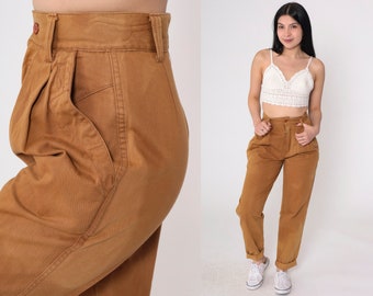 Brown Pleated Pants 90s Trousers Straight Cuffed Leg Slacks Retro High Waisted Rise Preppy Neutral Plain 1990s Vintage Extra Small xs 24