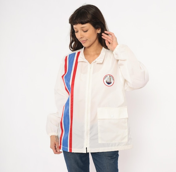 Nautical Bahamas Windbreaker 80s Club Jacket White Nylon Sailing Patch Blue Red Stripe Coat Sporty Vacation Souvenir Lightweight  Medium M