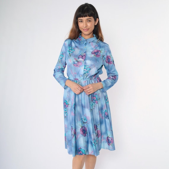 Vintage 70s Floral Shirt Dress Blue Midi Dress Pleated High Waist Button Up Shirtdress Long Sleeve Collared 1970s Purple Print Sears Medium