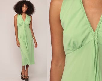 Grecian Dress 1970s Midi Halter Party 70s Mint Green KEYHOLE Plunging Neckline Deep V Neck Boho Empire Waist Vintage Bohemian Large