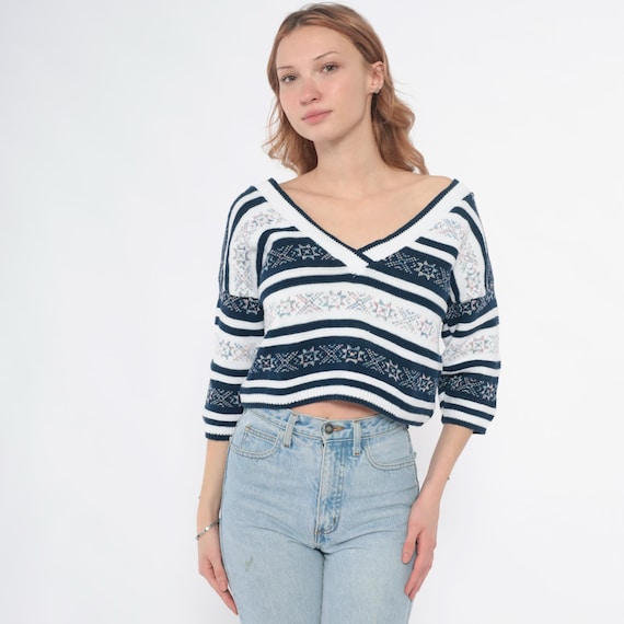 90s Striped Floral Sweater White Pattern Wide Boat Neck Off Shoulder Cropped Knit Cotton Ribbed Preppy Nautical Collegiate Vintage Medium M