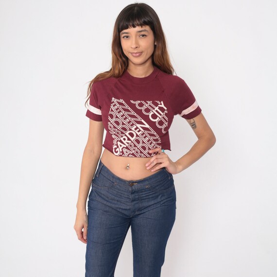 80s Garden City Crop Top Burgundy Cutoff T Shirt Retro TShirt Vintage Spellout Travel Tee Raglan Graphic Print 1980s Cropped Extra Small xs