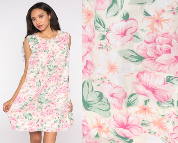 Floral Mini Dress 80s Babydoll Tent Pink Green Cream Shift Pastel Sleeveless Dress Boho 1980s Bohemian Vintage Short Minidress Medium