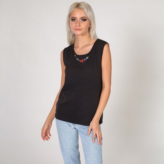 Black Floral Tank Top 90s Embroidered Blouse Sleeveless Shirt Retro Boho Summer Hippie Scoop Neck Flower Print Darling Vintage 1990s Medium