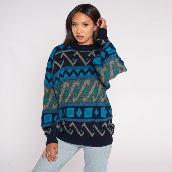 90s Geometric Sweater XL Navy Blue Pullover Grunge Jacquard Striped Sweater Acrylic Statement Knit 1990s Vintage Jumper Extra Large
