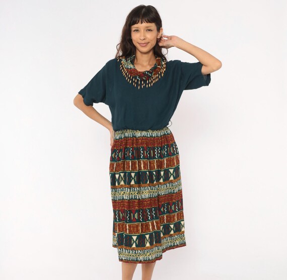 90s Tribal Print Dress Teal Burgundy Geometric Knit Top Beaded Fringe Neckline Short Sleeve V Neck Festival Earth Tone Petite Medium M