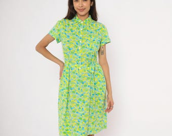 Vestido camisero Lilly con estampado cítrico, amarillo, verde, azul, limón y lima, de Lilly Pulitzer, manga corta, cintura con cinturón, algodón, estampado de frutas de verano, talla M