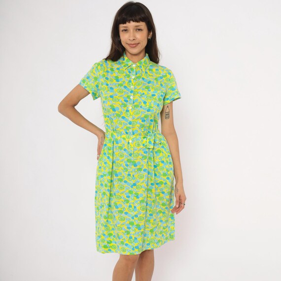 The Lilly Citrus Print Shirtdress  Yellow Green Blue Lemon Lime Lilly Pulitzer Short Sleeve Belted Waist Cotton Summer Fruit Pattern Medium
