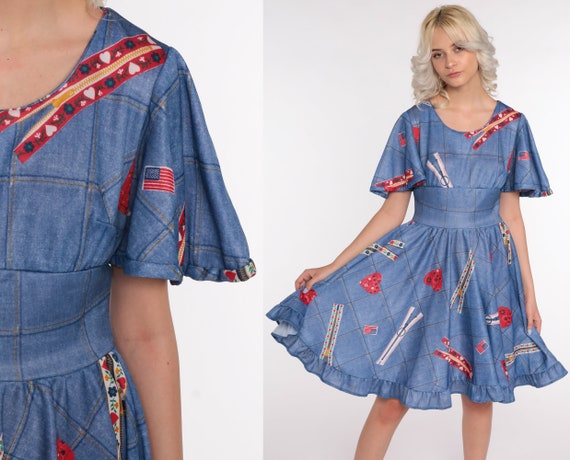 70s Babydoll Dress -- Heart + Zipper Novelty Prin… - image 1