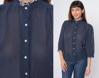 Navy Striped Blouse 70s Semi-Sheer Button Up Top Puff Sleeve Shirt Victorian Ruffle Neck Dark Blue Retro 3/4 Sleeve Vintage 1970s Medium