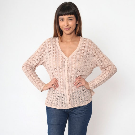 Blush Beige Crochet Cardigan 90s Sheer Floral Knit Sweater Top Boho Cutout Button up Bohemian Open Weave Cut Out Hippie Vintage 1990s Large